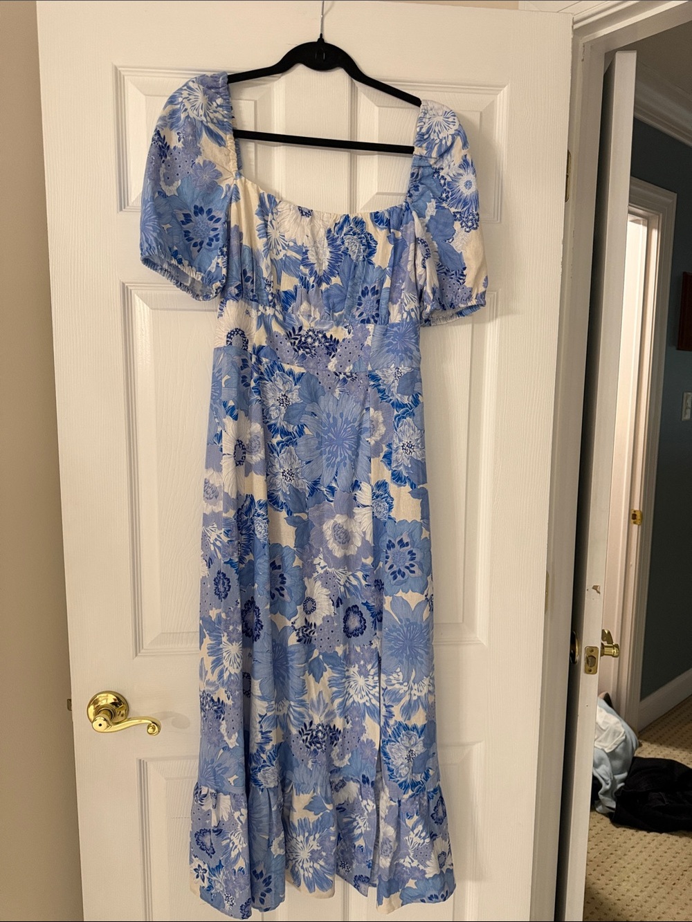 London Times Blue and White Floral Square-Neck Midi Dress
